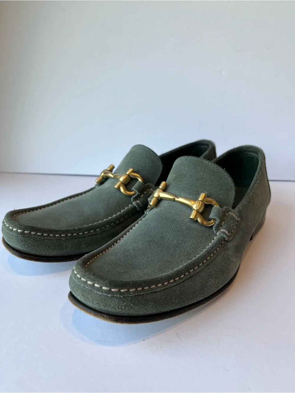 Salvatore Ferragamo Gancini Buckle Green Suede Loafers